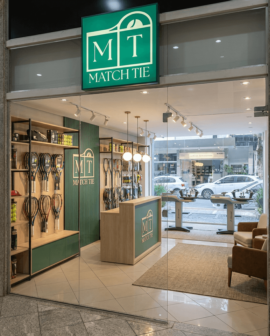 Loja Match Tie — ambiente com raquetes, cordas e máquinas de encordamento